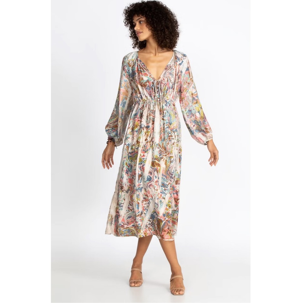 Johnny Was Amanda Bond Siouxsie Dress Women M/L Multi Silk Maxi Boho Psychedelic